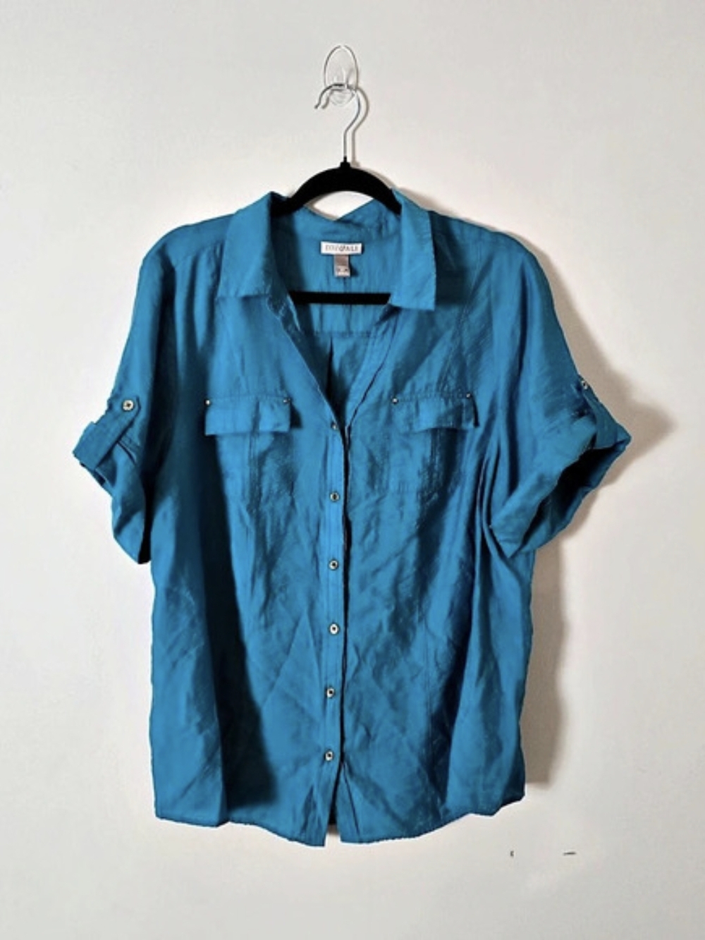 ROZ & ALI Blue Solid Collared Button-Up Breathable Woven Rayon Blouse Plus 2X
